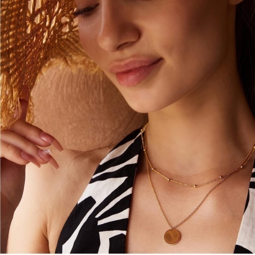 Gold 18k Gold Plated Disc Pendant Beaded Layered Necklace